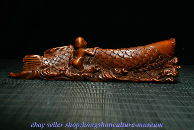 8 " China boxwood Wood Carved Fengshui Year Fish 5 Tongzi Pen Rack Penholder 3