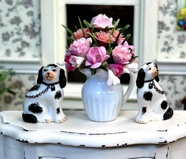 Vintage Artisan Miniature Dollhouse OOAK Pair Clay Staffordshire Dog Figures