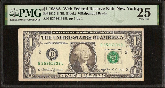 KEY 1988A $1 BL BLOCK WEB FED EXPERIMENTAL PRESS NOTE MONEY Fr 1917-B PMG 25