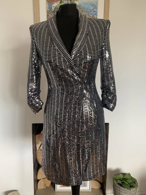 zara silver sequin tuxedo dress ZARA SILVER SEQUIN TUXEDO METALLIC BLAZER MINI DRESS 2495/560