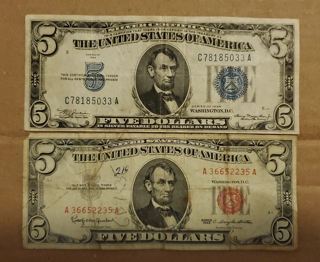 1934 5 Five Dollar Blue Silver Certificate and 1963 Red Seal Note Bill