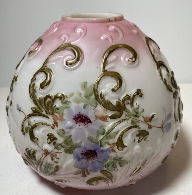 Antique Vintage Hand Painted Milk Glass Oil Lamp Shade