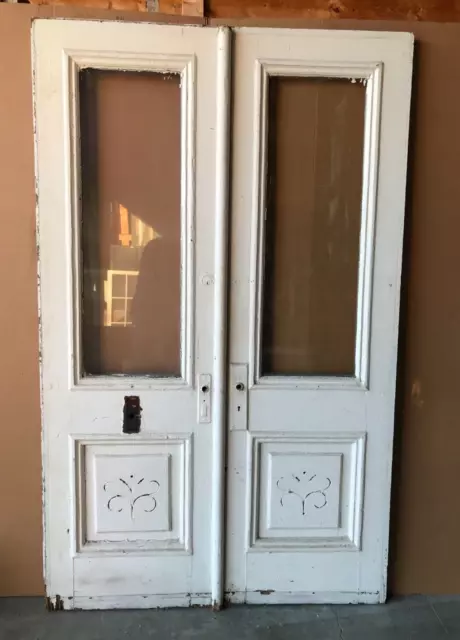 Antique Pair Glass Shabby White Decorative Entryway Doors 26x84 Old VTG 294-23B