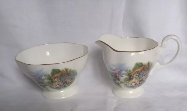 Vintage English Bone China Country Garden Thatched  Cottage Sugar Bowl &Milk Jug