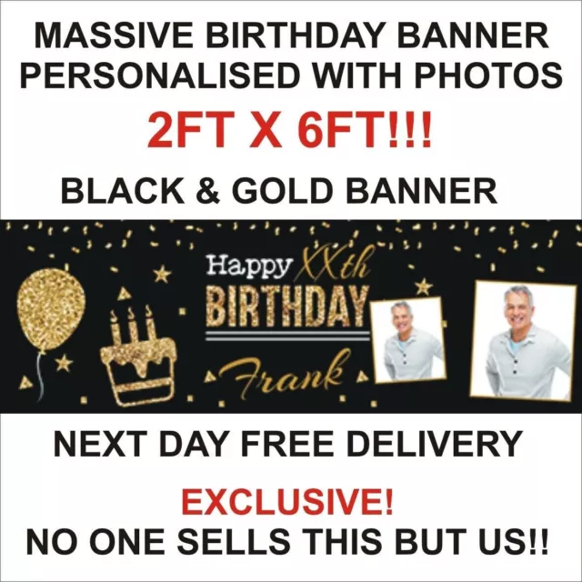 PAQUETE OFERTA 3 Banner de Cumpleaños Personalizado Negro y Dorado ENORME 2 ft x 6 ft 3