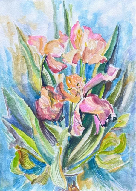 Original watercolor painting modern tulips mixed media