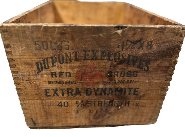 Vintage Antique Wood Crate Box DuPont Explosives 50 Lb Extra Dynamite Red Cross