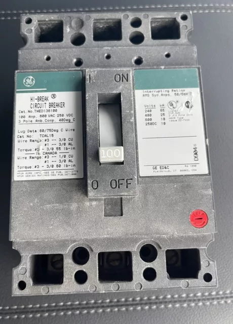 GE THED136100 Molded Case Circuit Breaker 3 Pole 100 Amp 600V New!