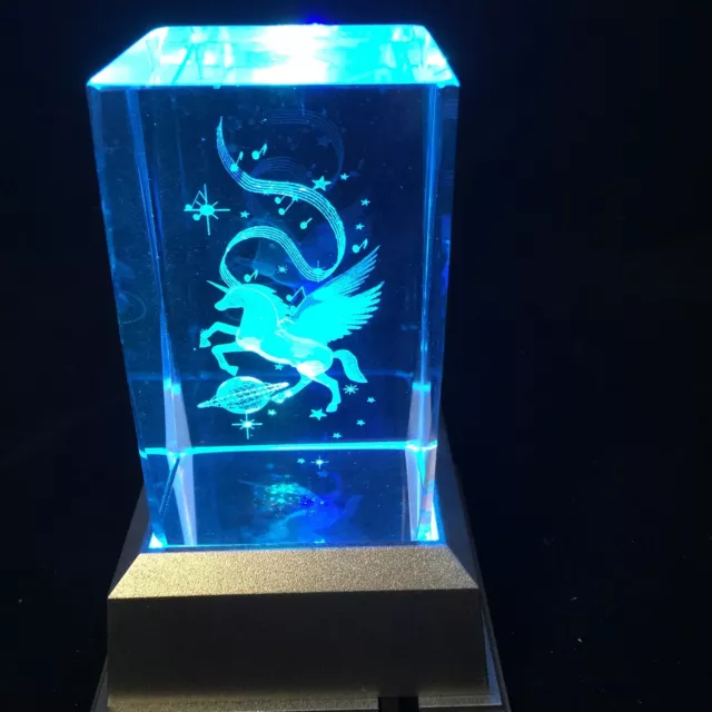 New Unicorn On Globe  - 3D Laser Etched Crystal Block With Light base