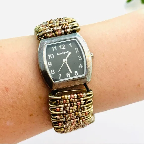 Retro gold beaded safety pin silver toned womens watch jewelry
