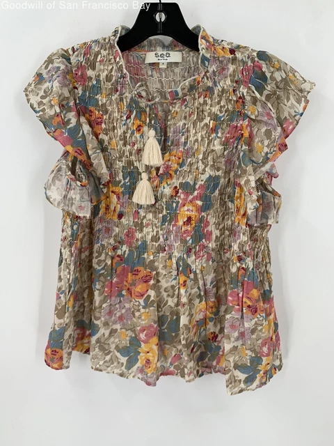 Sea Womens Pink Yellow Floral Short Cap Sleeve Tie Front Smocked Blouse Top 2