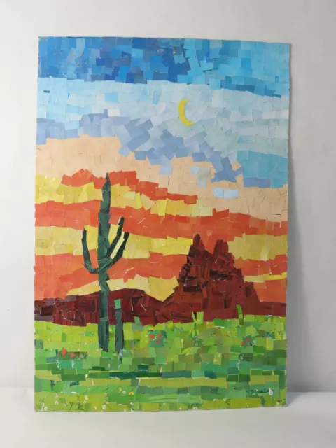 Art Collage Painting Desert Horizon Saguaro Desert Landscape Original Painting