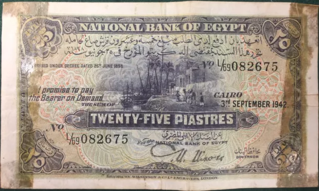 Egypt Banknote 25 Piastres 3 September 1942 P10 Tape Residue