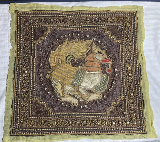Vintage Burmese Kalaga Beaded Embroidered Tapestry Burma Myanmar 18in Rooster
