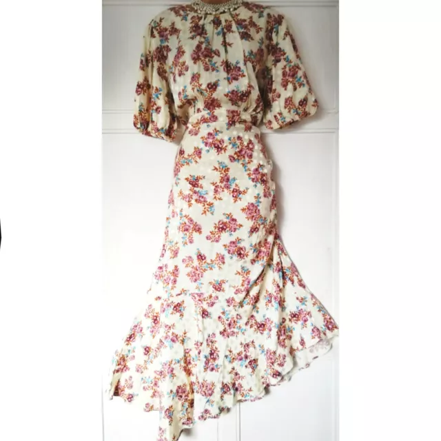 RIVER ISLAND Size 14 Cream Floral Rose Print Asymmetrical Midi Length Dress