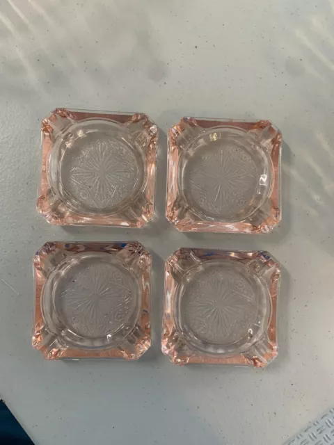 Art Deco Depression Glass Jeannette Glass Adam Pattern Square Pink Ashtray Set 4