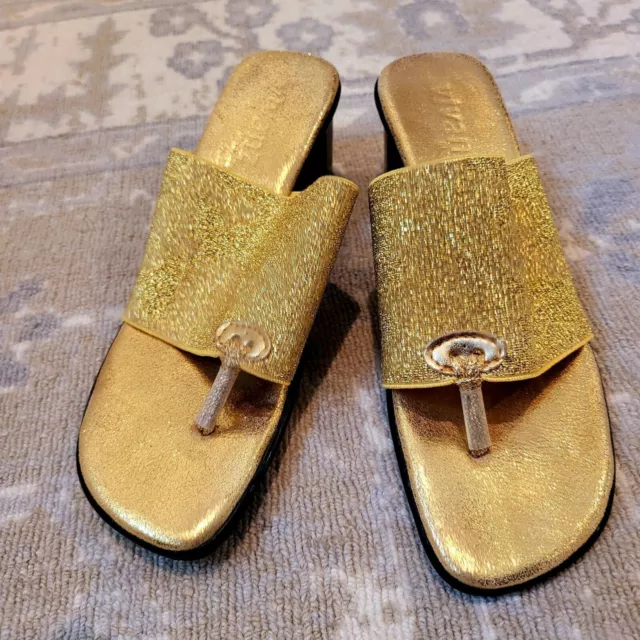 Women Shoes Leather Size 7 Sandal Flip Flop Thong Flat Slide Gold Sparkle Vivanz