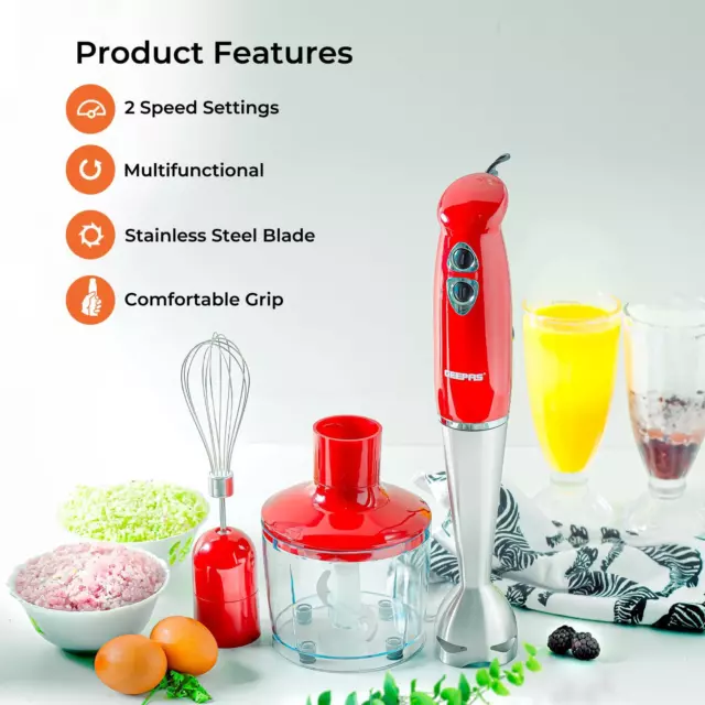 3-in-1 Hand Blender Mixer Chopper Food Processor Stainless Steel Blade Red 2