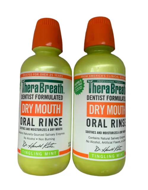2 PK TheraBreath Professional Dry Mouth Oral Rinse Tingling Mint 16 OZ