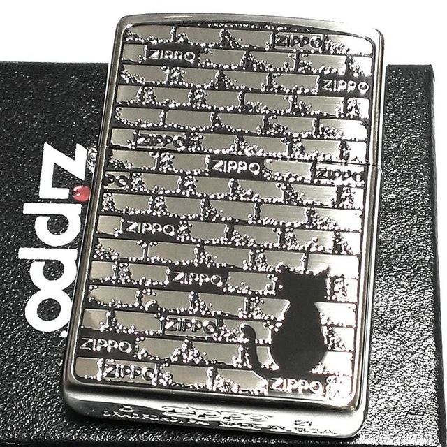 Zippo Oil Lighter Brick Cat Regular Case Antique Silver Brass Etching Japan