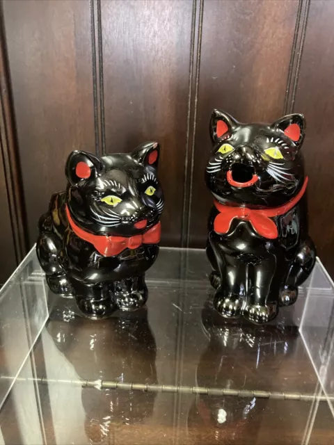 VTG Royal Japan Black Cat Sugar and Creamer Set Hand Painted Redware 1950’s