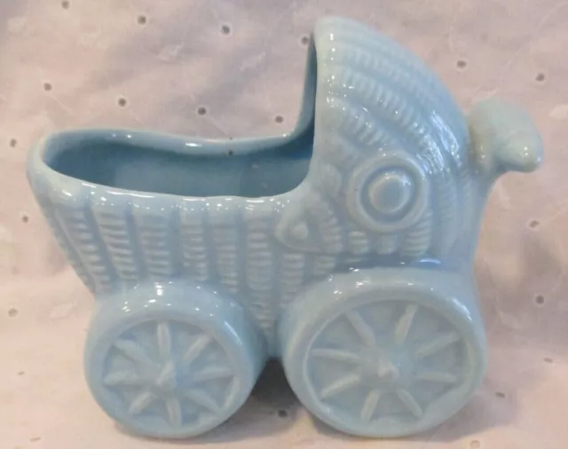 Vintage Blue Ceramic Baby Buggy Stroller Succulent Planter Nursery Décor Japan?