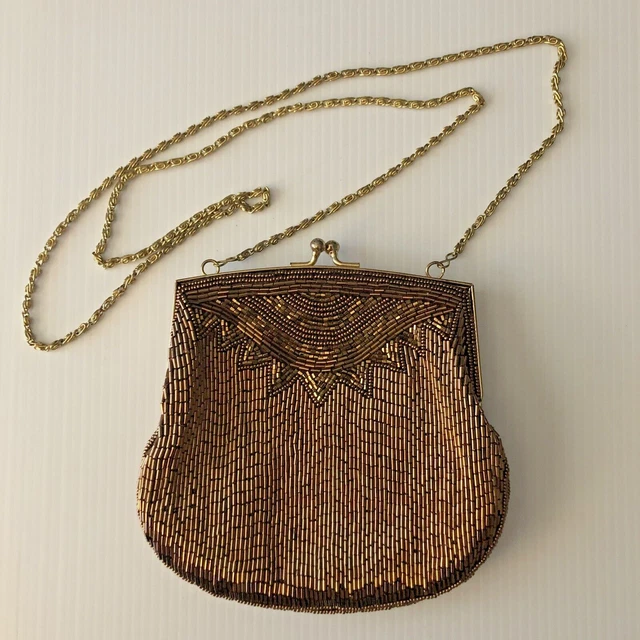 Delill Bronze Gold Color Beaded Purse Hand Made Macau Shoulder or Clutch Evening