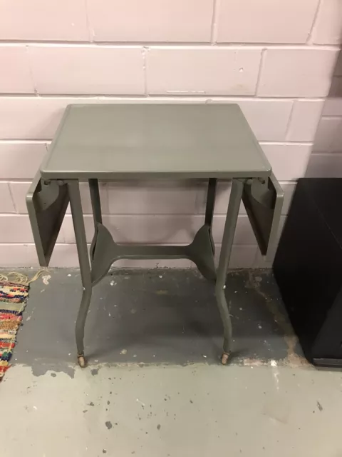 Vtg Drop Leaf Typewriter Table Grey Metal Mcm Retro Wheels 34.5” Wide Open Vtg Drop Leaf Typewriter Table Grey Metal Mcm Retro Wheels 34.5” Wide Open