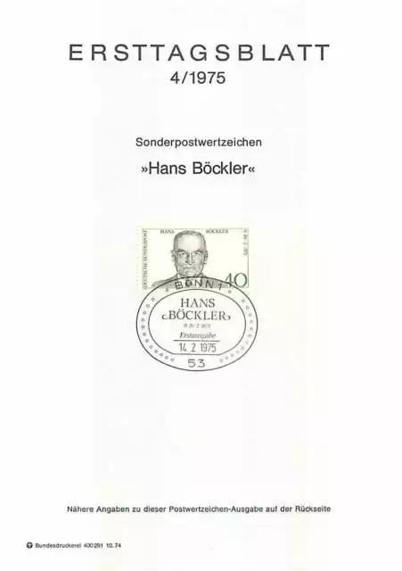 Ersttagsblatt 1975 - Hans Böckler Sonderbriefmarke FDC