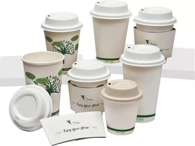 4/6/10/12/16oz Compostable White Single Wall Coffee Cups With Sip Lids & Sleeves