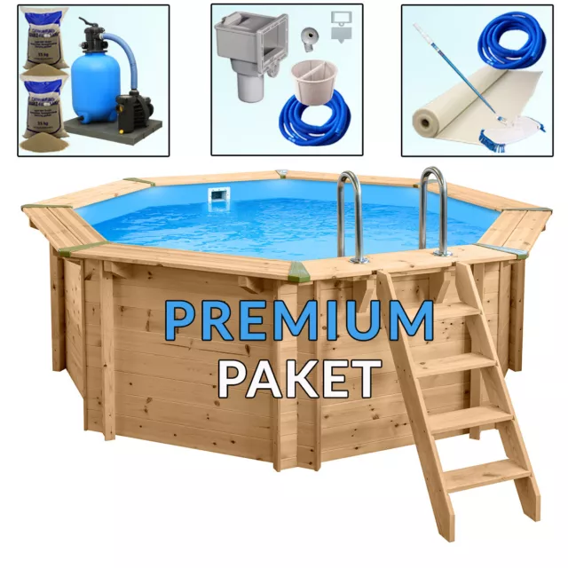 Premium Pool Paket Holzpool Holzschwimmbecken Bali 3,55 x 1,16 m Achteckbecken