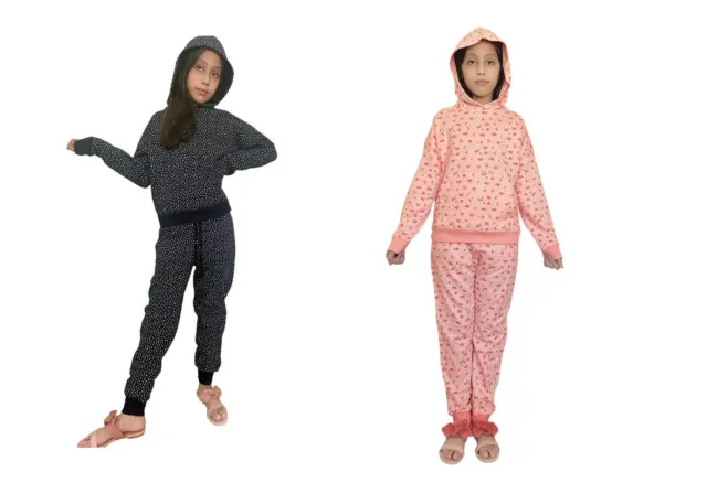 Girls Kids Tracksuits Printed Hoodie with Trousers Fleece Jogging Bottom 5-14 UK