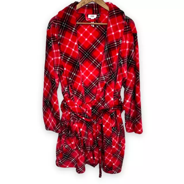 PINK Victoria's Secret Red Black Plaid Plush Cozy Short Belted Robe Size Medium