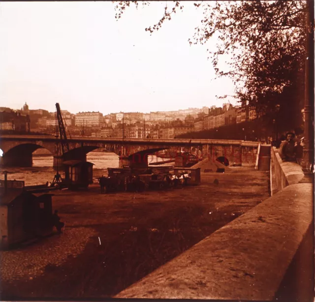 FRANCE Lyon La Saône c1900 Photo Plaque de verre Stereo Vintage P29L7n