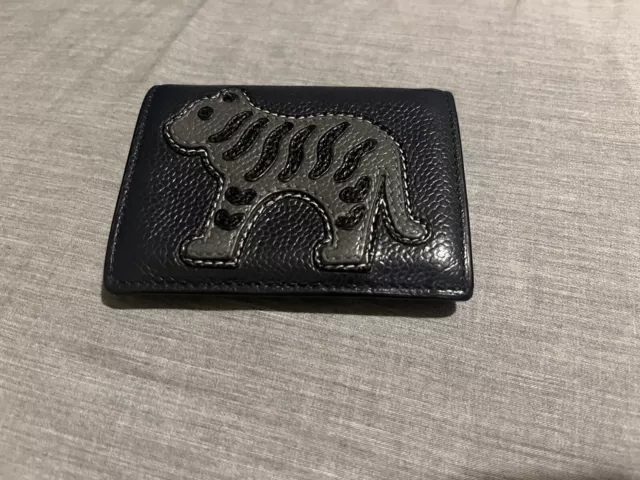 Thom Browne Navy Pebbled Calfskin Tiger Icon Double Card Holder In Blue