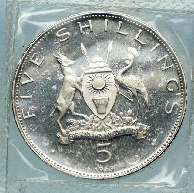 1969 UGANDA Visit POPE Paul VI Birds Cranes OLD Genuine 5 Shilling Coin i84055 2