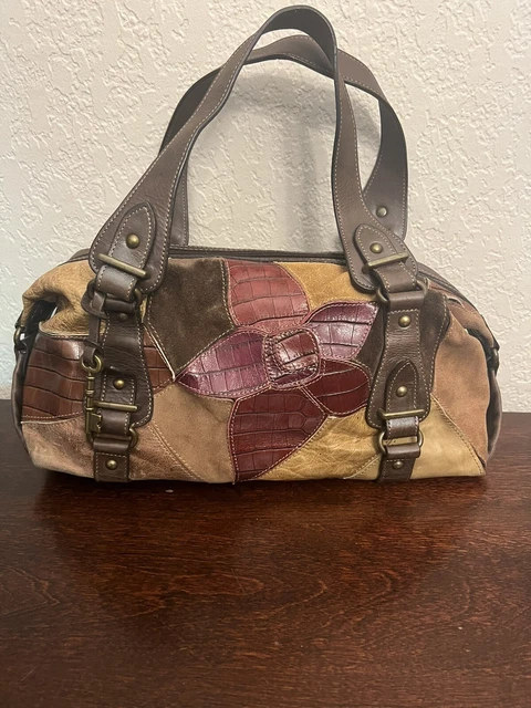 Vintage Fossil Leather Swede patchwork Shoulder Bag Boho style w/key Charm