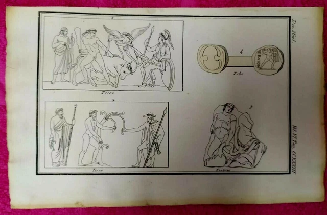 8P Dismissione Incisione 1800 Tevere Rappresentazione Mitologica"Teseo Tritone"