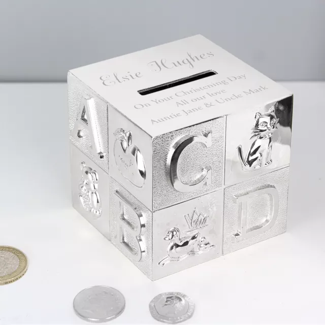 Personalised Engraved  Silver Plated ABC Money Box. New Baby. Christening. Gift.