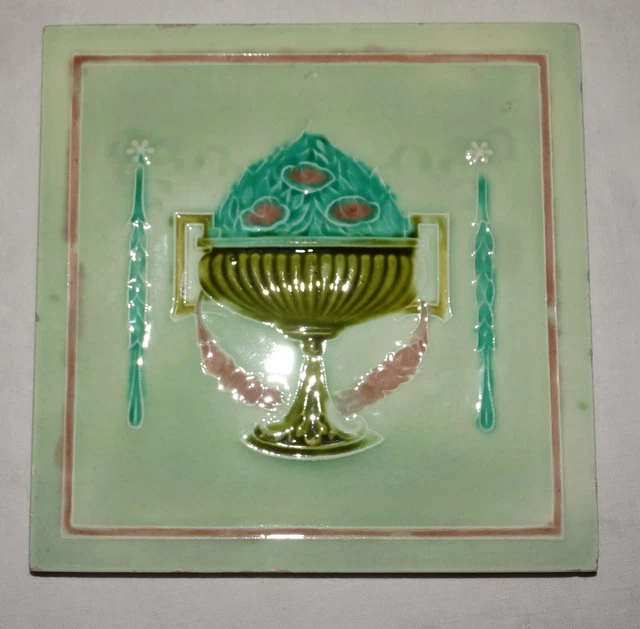 ANTIQUE MINTON ART NOUVEAU TUBLINE MAJOLICA TILE 6in x 6in, COLLECTIBLE c1890. 2