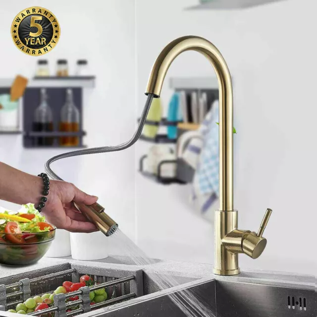 Modern Brushed Gold Kitchen Sink Mixer Tap Pull Out Sprayer Swivel Single Handle