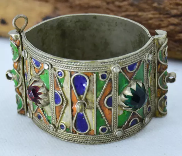 Antique Moroccan Silver Color Enameled Berber Cuff Bracelet Ethnic Tribal Bangle