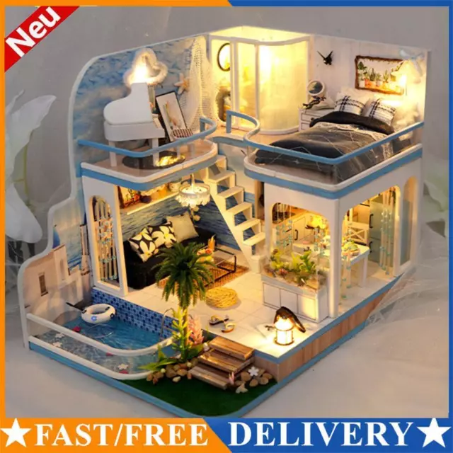 Wooden DIY Doll House with Dust Cover/Light/Accessories Gift for Boys Girls