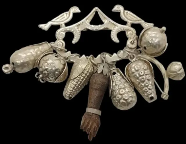 VINTAGE  BALANGANDAN AMULET w/8 CHARMS WOODEN HAND-CARVED FIGA FIST PIN BROOCH