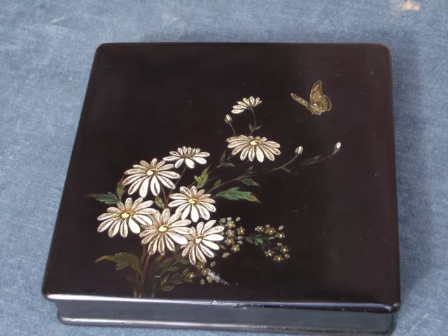 Japanese Black lacquer box with hand painted floral scene and red lacquer inside