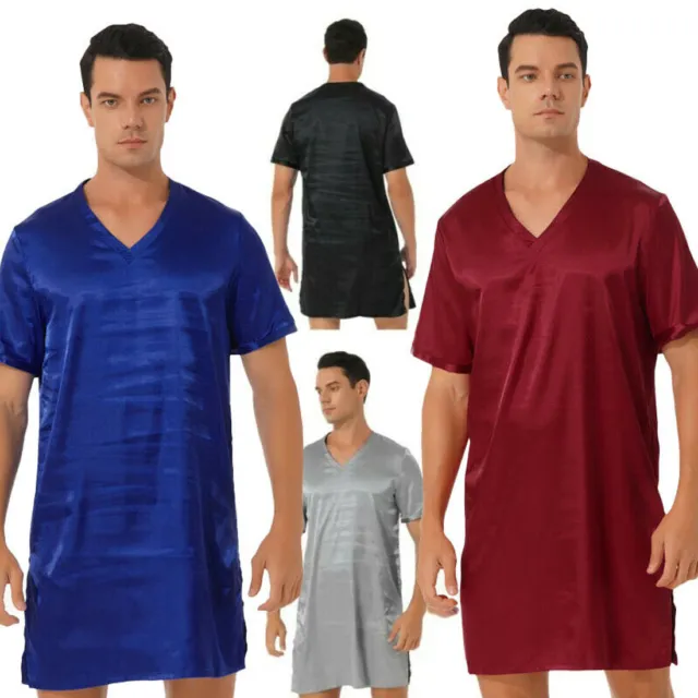 Men Satin Nightwear Short Sleeve Pajamas Nightgown NightShirt Lounge Sleepwear 2