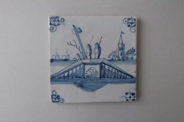 Antike Delfter Fliese/Kachel, Dutch Delft Tile Motiv Brücke