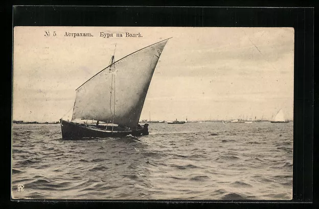 Astrachan, Segelschiff vor der Stadt unterwegs, Ansichtskarte 1914