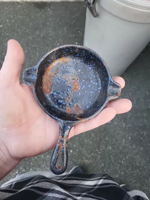 Vintage Miniature Cast Iron Skillet, Spoon Rest, or Ash Tray BLUE ENAMEL? SPOTS?