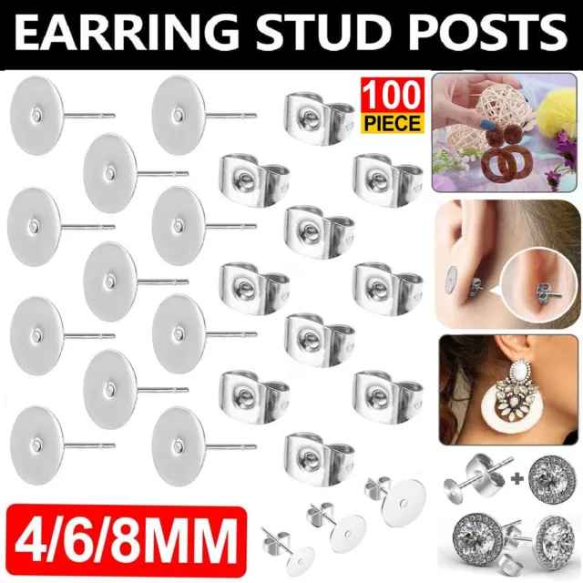 Earring Stud Posts Pads + Nut Backs Silvery Surgical Stainless Steel DIY Craft